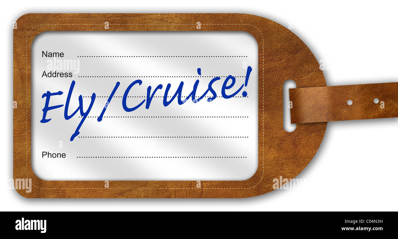 Suitcase/Luggage Label with ‘Fly/Cruise!’ written on Stock Photo