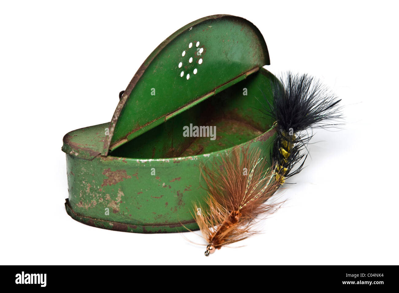 Antique bait box with 2 hand tied fishing flies Stock Photo - Alamy