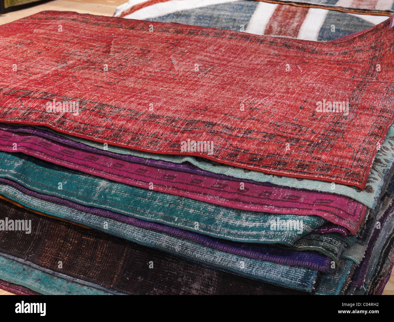 Pile of colorful vintage carpets Stock Photo