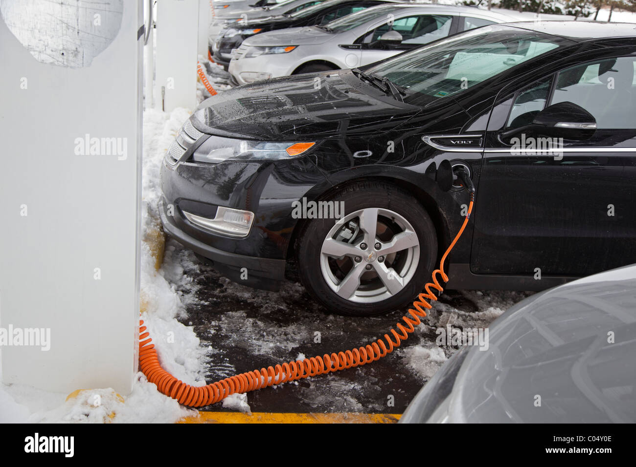 Chevrolet Volt Electric Cars Charging Outside the Factory Where They are Manufactured Stock Photo