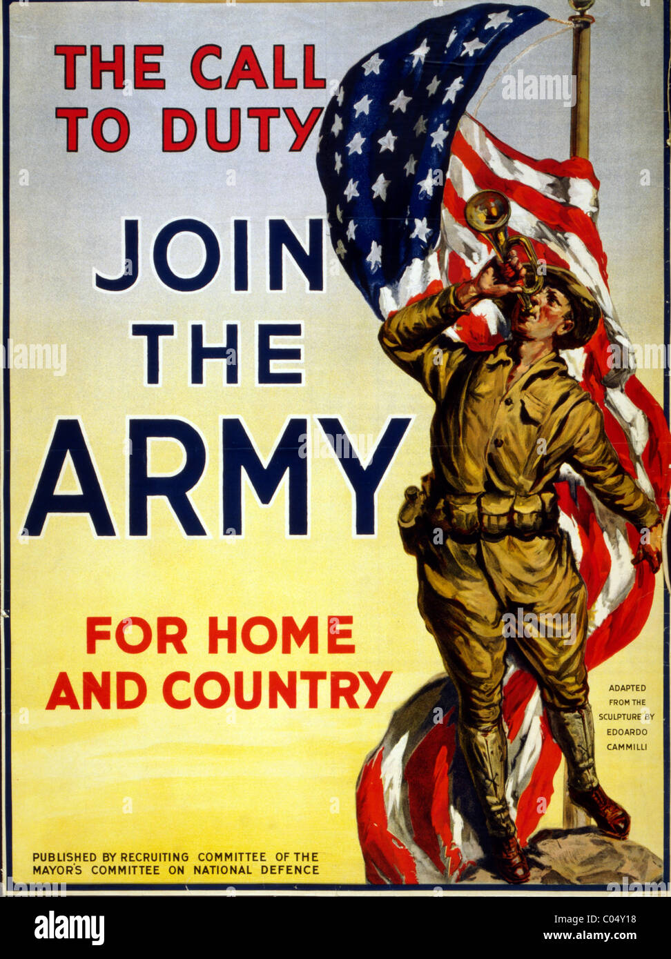 U.S. Army recruiting poster showing a soldier standing next to an American flag and blowing a bugle. Stock Photo