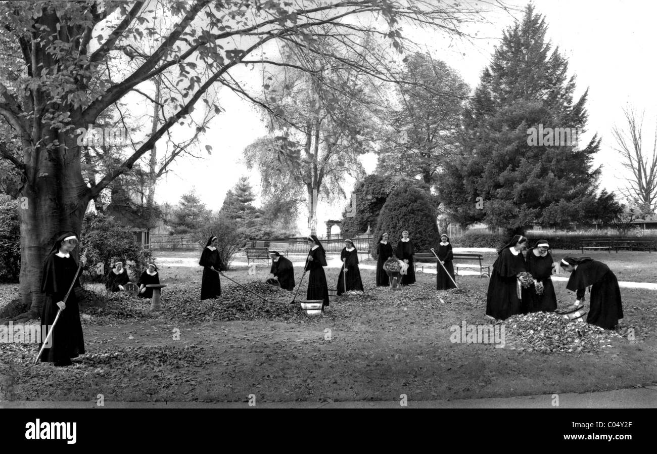 Group of Nuns in Religious Habits Sweeping or Raking Up Autumn or Fall Leaves in Grounds of Convent, Abbey or Nunnery Stock Photo
