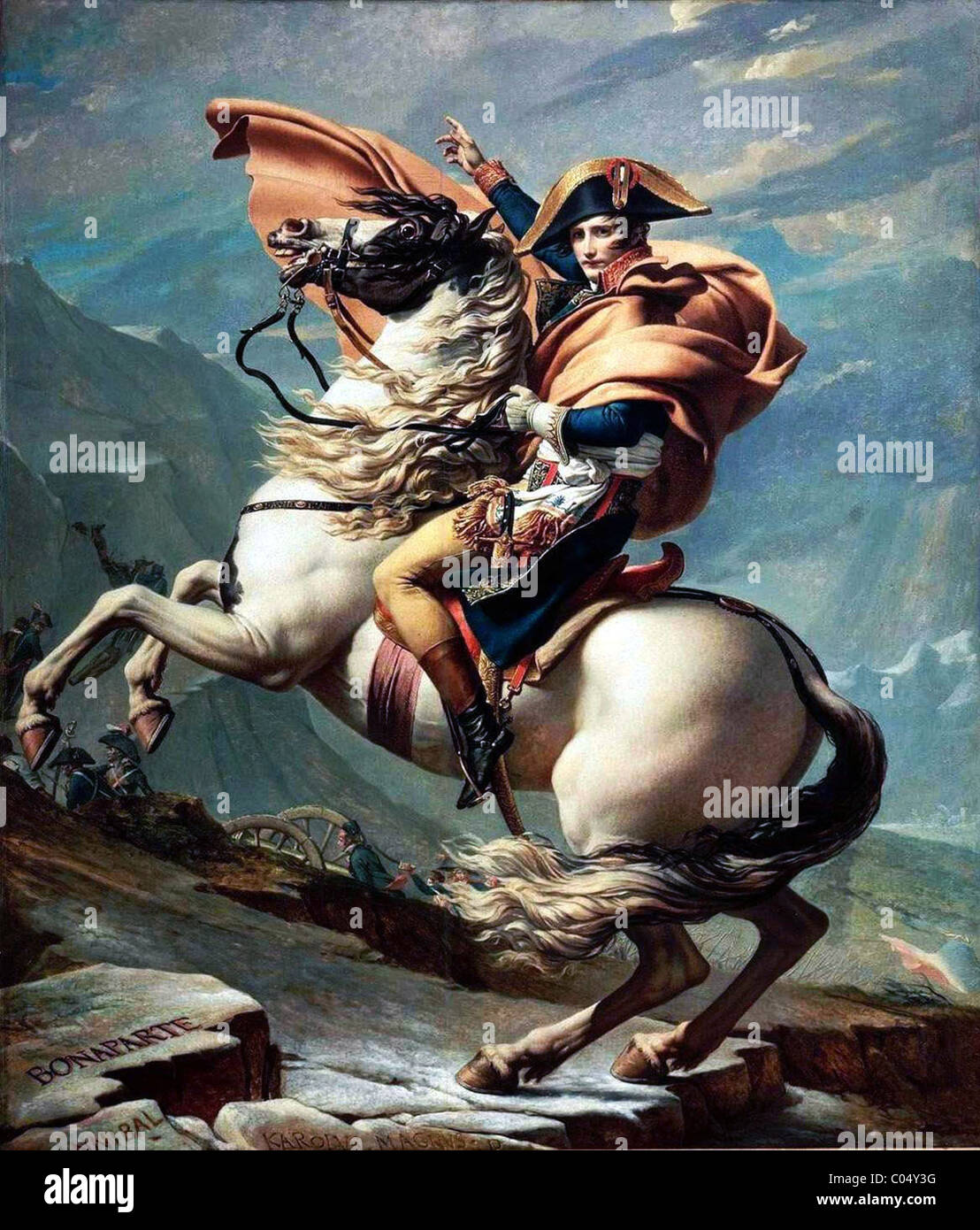 Napoleon Bonaparte, Napoléon Bonaparte, French military leader who rose to prominence during the French Revolution and led several successful campaigns during the French Revolutionary Wars. Napoleon Crossing the Alps by Jacques-Louis David Stock Photo