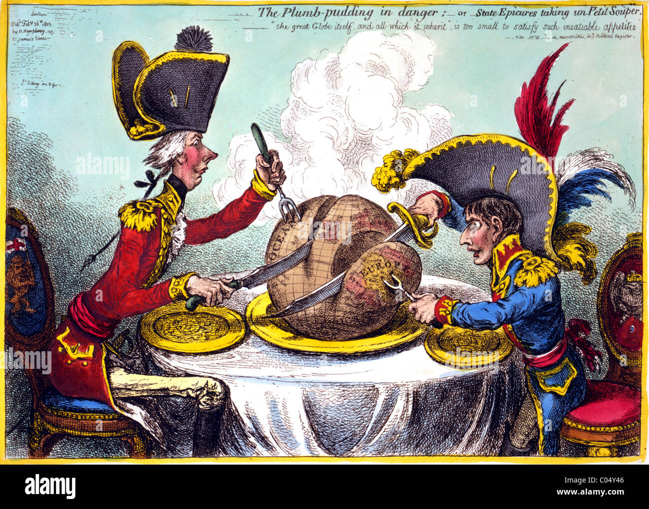 William Pitt and Napoleon depicted in a satirical cartoon. The Plumb-pudding in Danger (1805). By James Gillray. The world being carved up into spheres of influence between Pitt and Napoleon. Stock Photo
