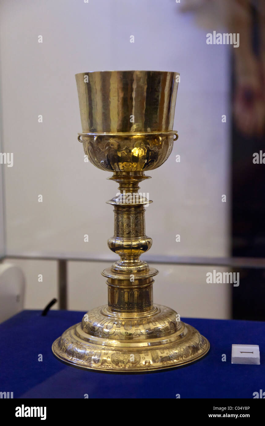 Gold church chalice in the museum of the Misericordia church in the city of Santarém, Portugal. Stock Photo