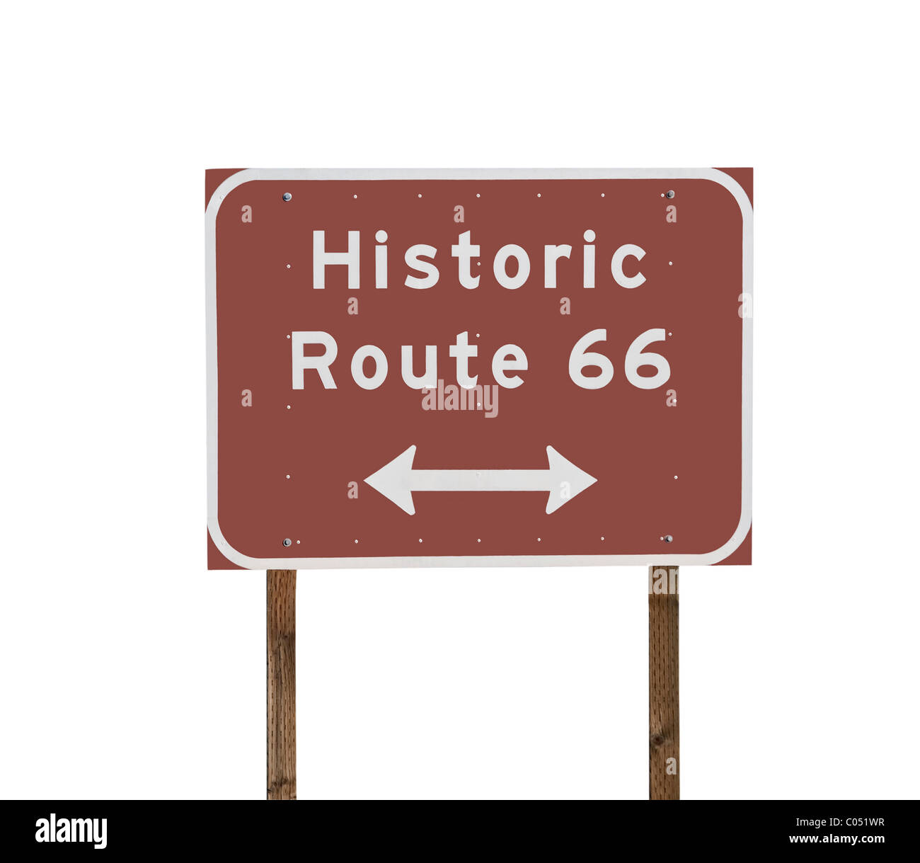 Historic Route 66 sign and posts isolated on white. Stock Photo