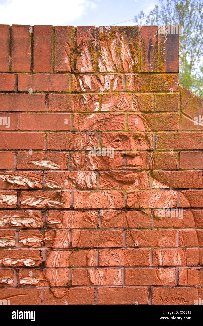 A brick bust rendition of a Native American, by Chief Kevin Brown, located at The Pamunkey Reservation, Virginia. Stock Photo
