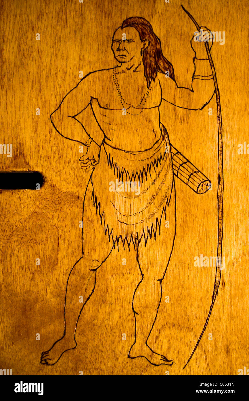 Pyrographic (wood burning or pokerwork) image of hunter created by a Pamunkey Native American First Nation artist from Virginia. Stock Photo