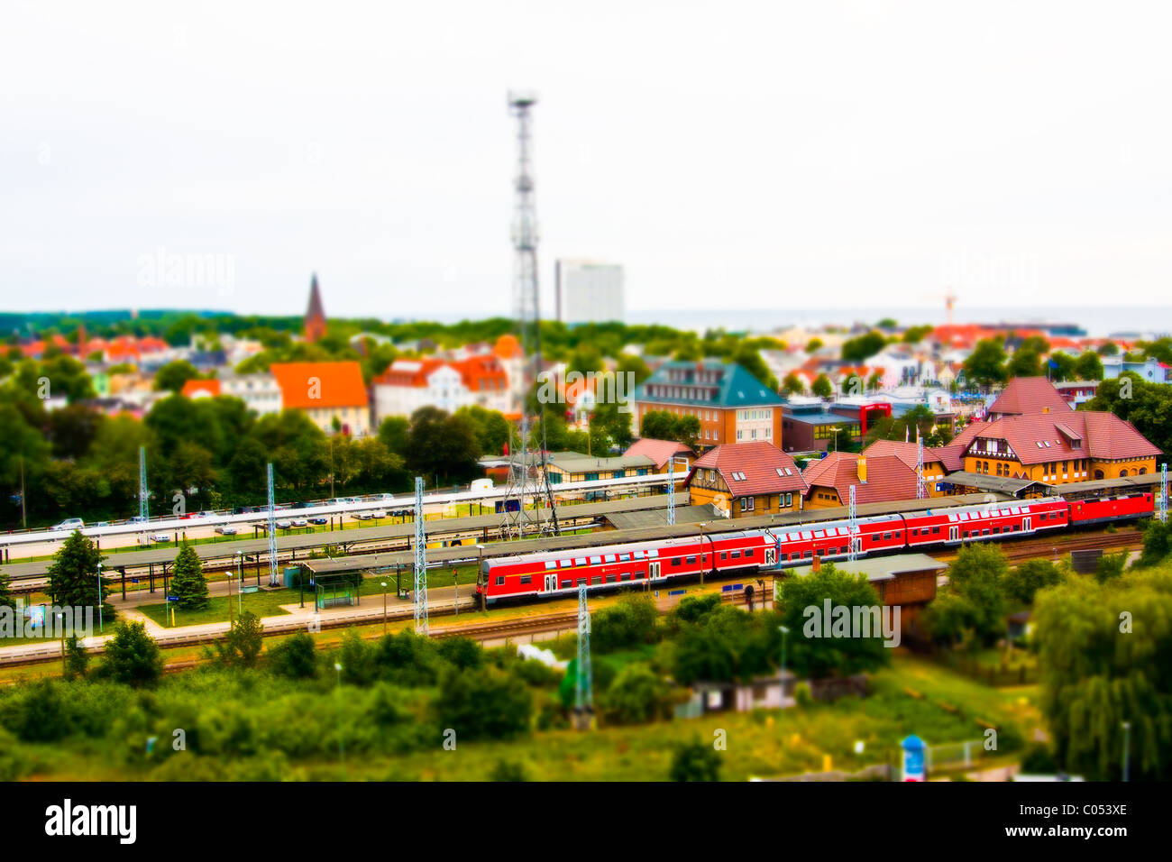 Train on rail line connecting Warnemunde, Germany with Rostock and