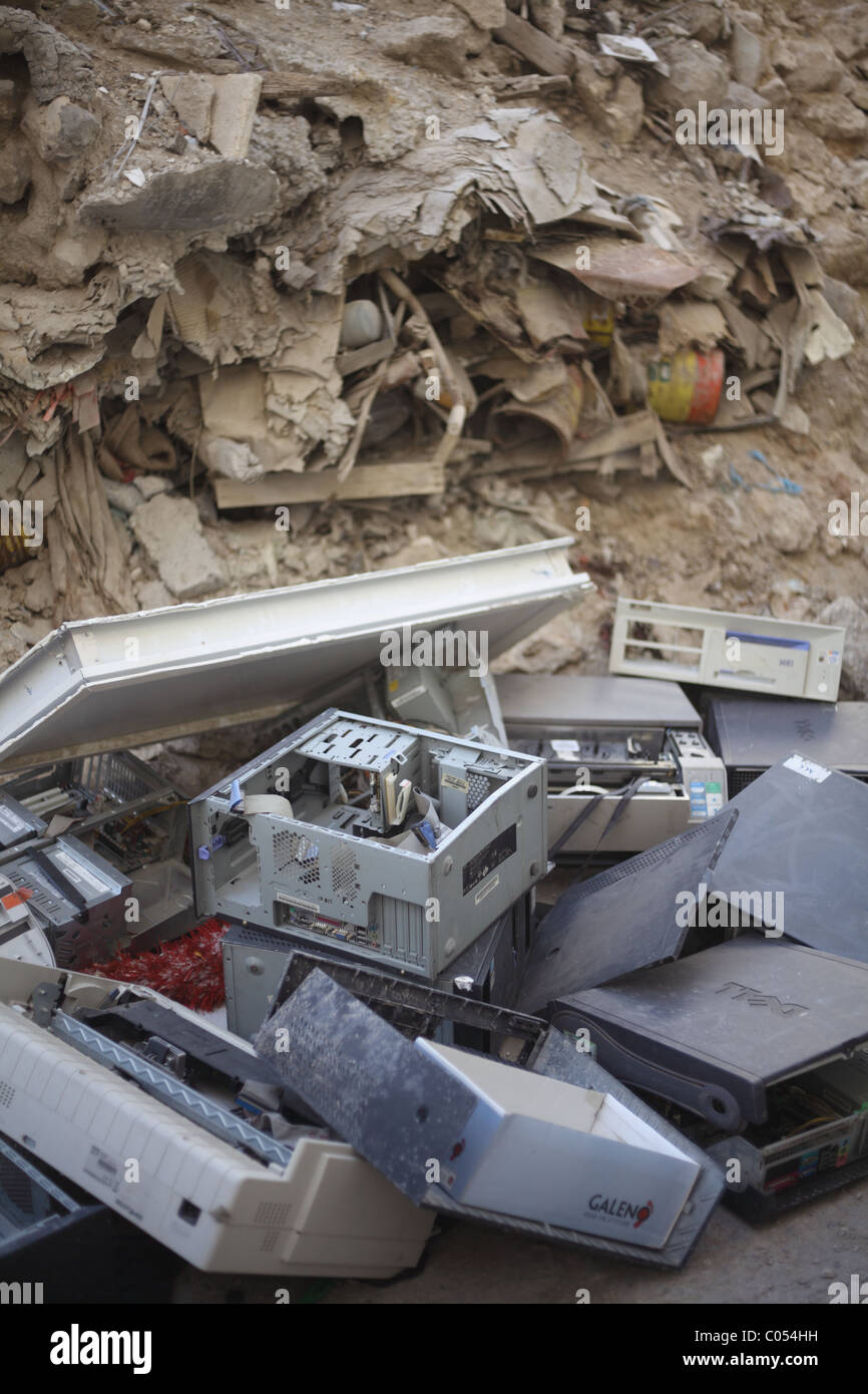 Dismantled old computer equipment dumped on a backstreet in Qatar, Arabia. Stock Photo