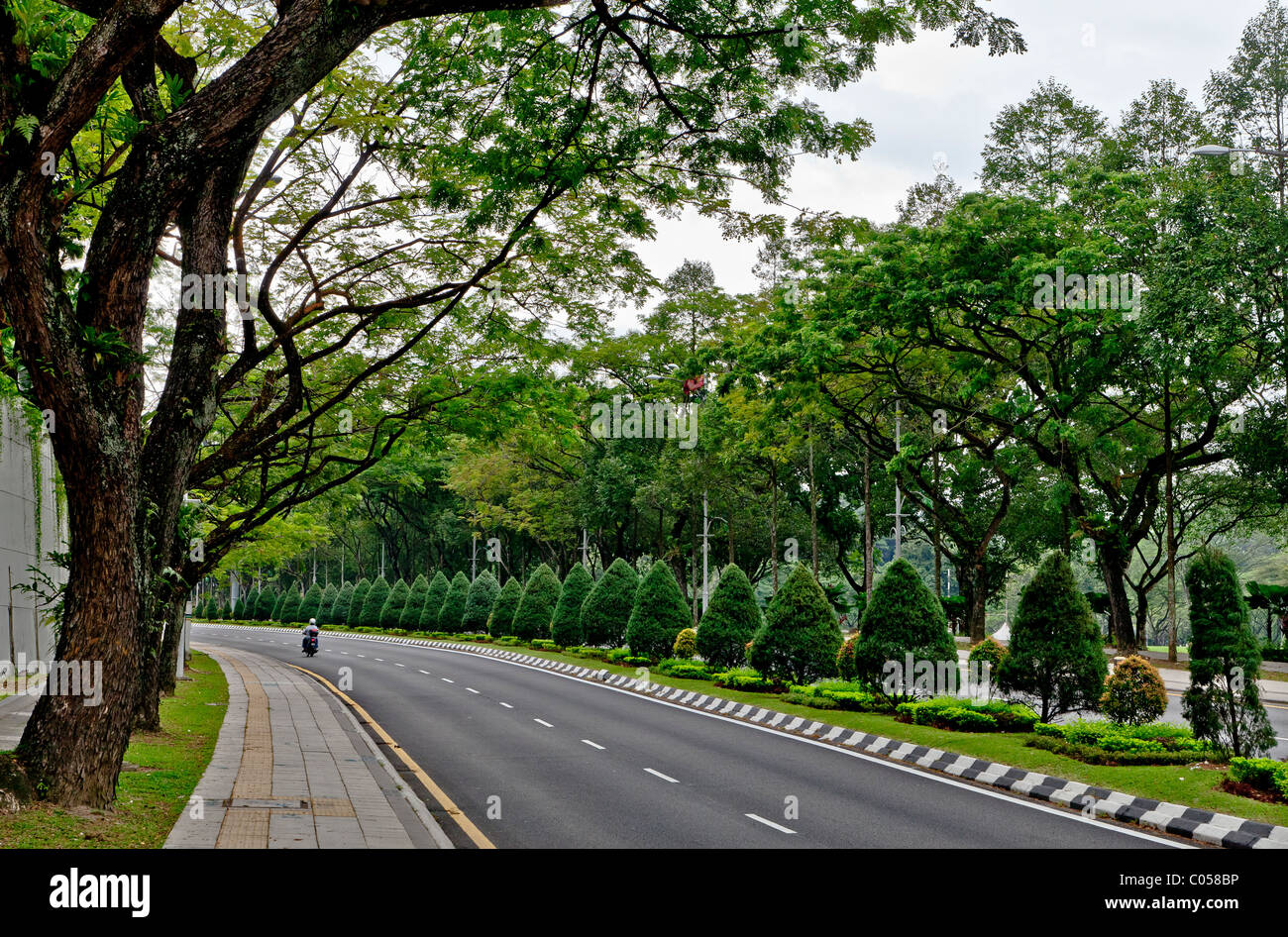 Lone motorbike rider in distance on an immaculately maintained treelined road winding on to
