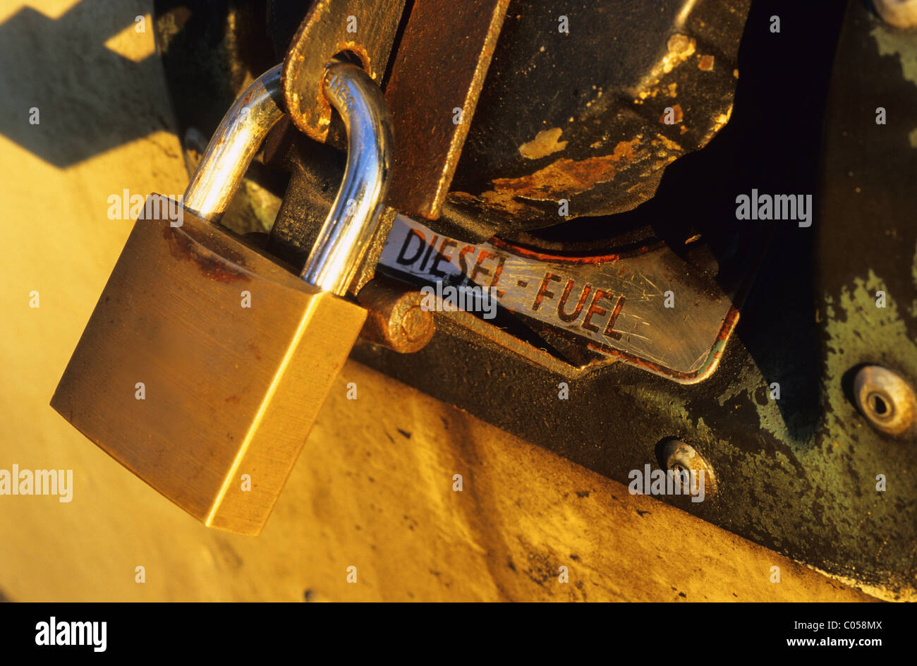 padlock on locking fuel cap on diesel engined vehicle Stock Photo