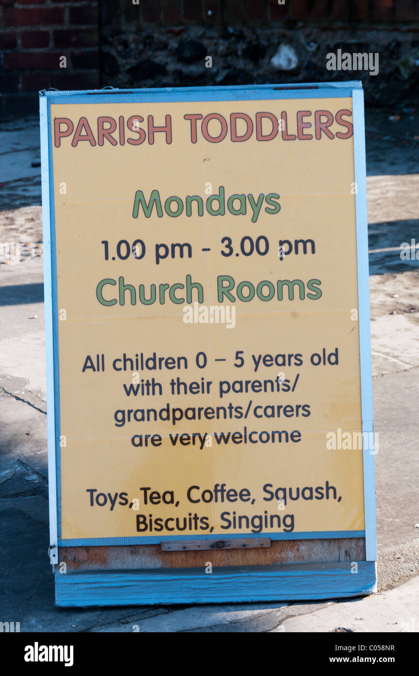 A sign for Parish Toddlers meetings at the church in Bromley, Kent. Stock Photo