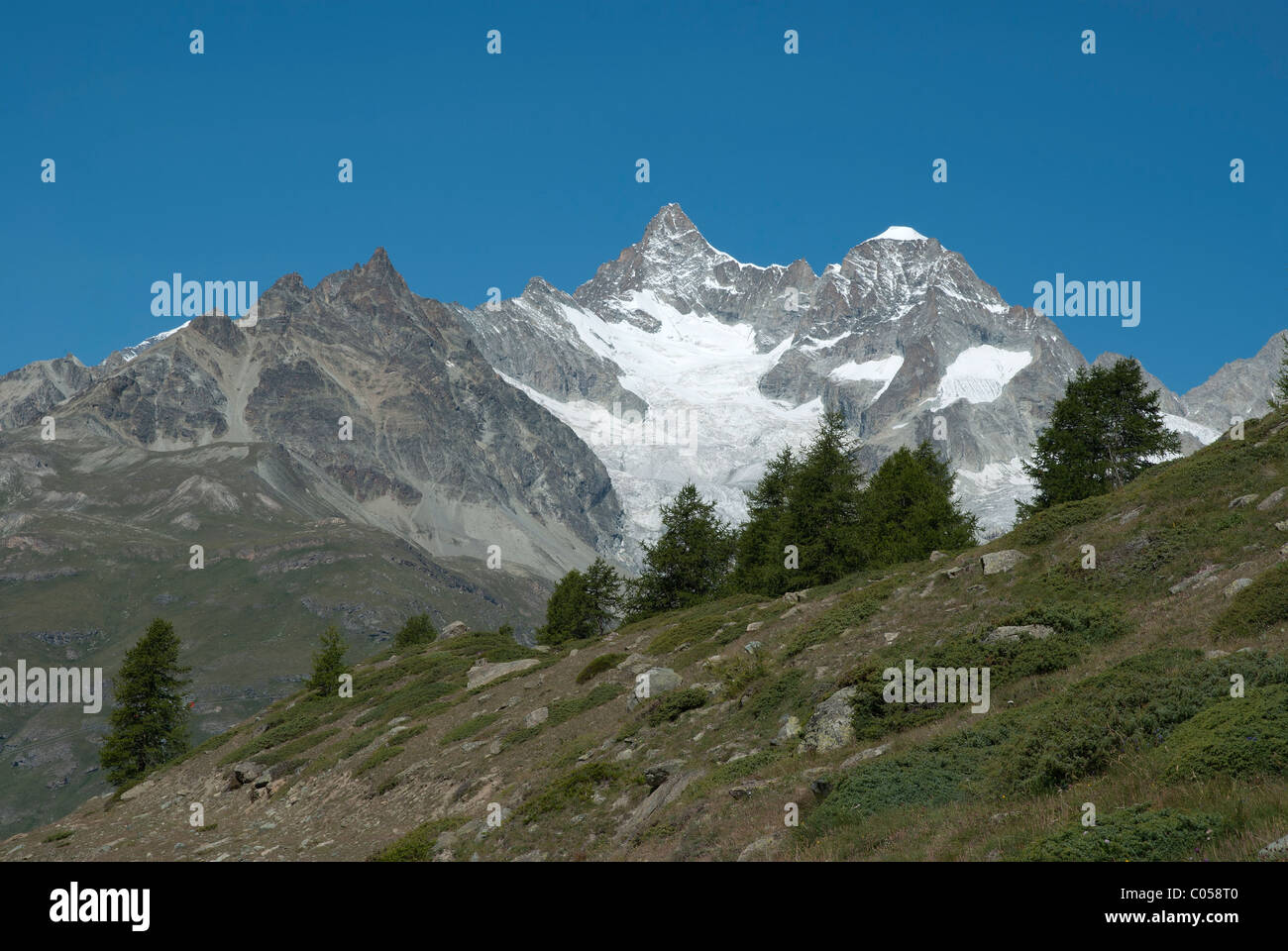 Obergabelhorn Wellenkuppe mountains peaks Sunnegga paradise Zermatt Wallis Valais canton Europe Switzerland Suisse Schweiz Alps Stock Photo