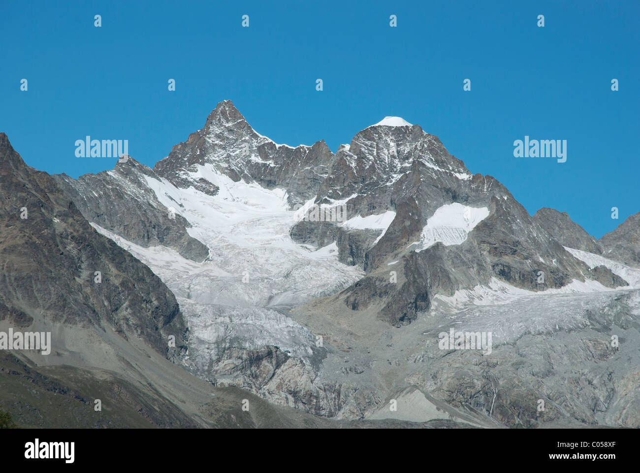 Obergabelhorn Wellenkuppe mountains peaks Sunnegga paradise Zermatt Wallis Valais canton Europe Switzerland Suisse Schweiz Alps Stock Photo