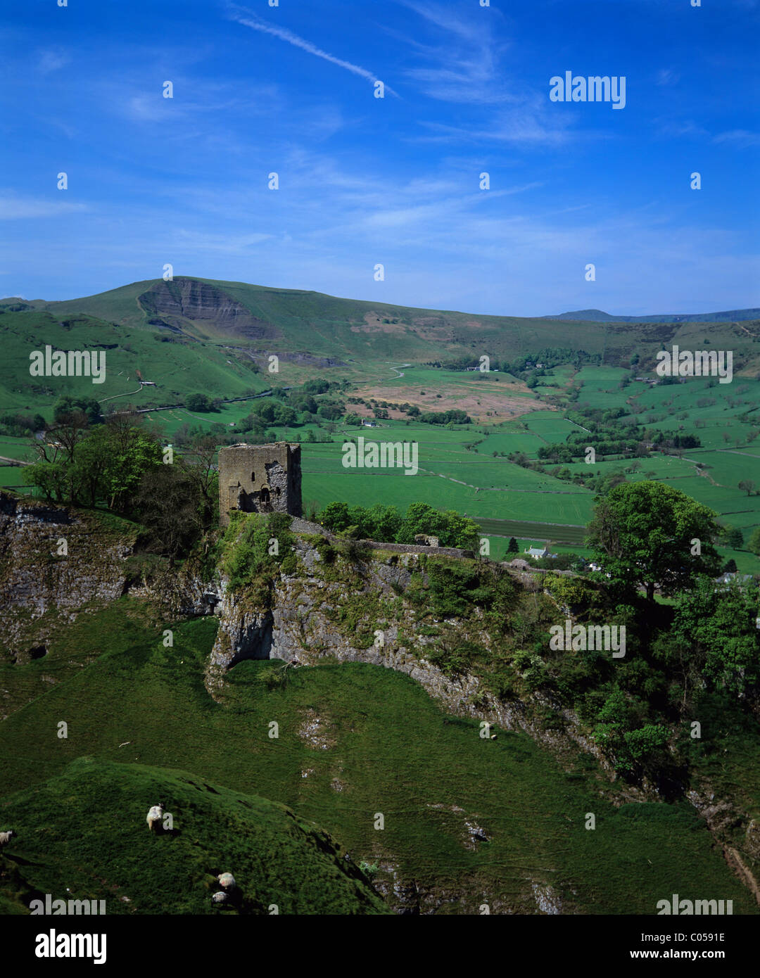 Peveril castle on hillside above Castleton Peak District Derbyshire UK Stock Photo