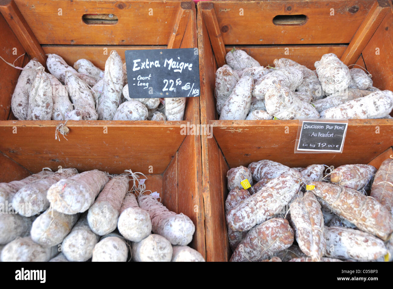Salami sausages for sale Street market in France Stock Photo Alamy