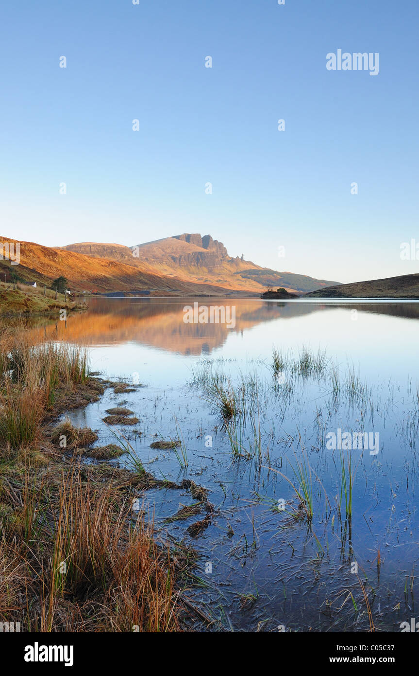 Storr and Old Man of Storr reflected in Loch Leathan, Isle of Skye, Inner Hebrides, Scottish Highlands, Scotland Stock Photo