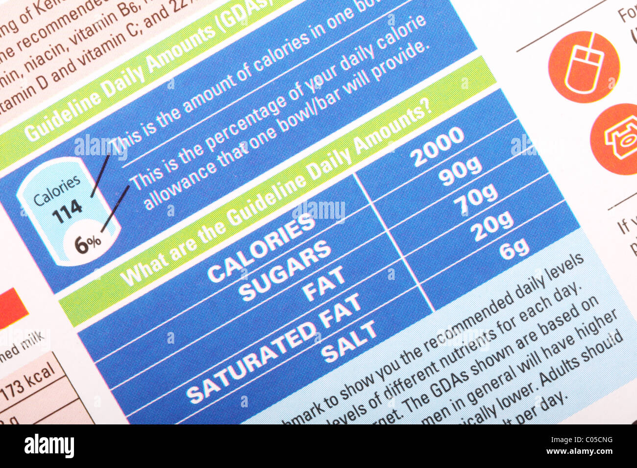 GDA food Guideline Daily Amount contents on a cereal packet Stock Photo ...