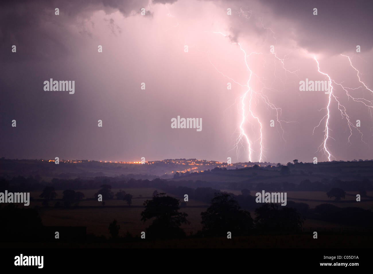 Lightning over the Cornish town of Launceston,UK Stock Photo