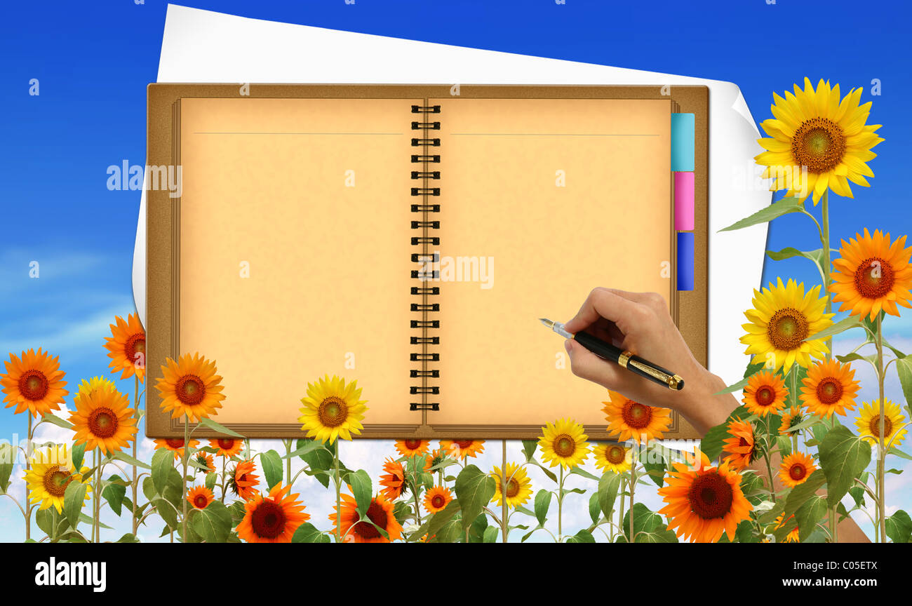 Notebook with sunflowers and the sky bright Stock Photo