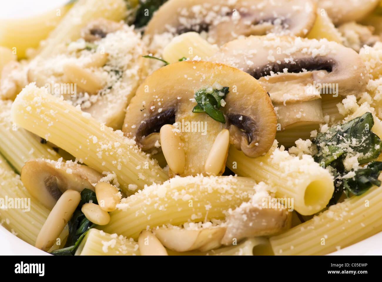 Rigatoni with mushrooms and parmesan Stock Photo