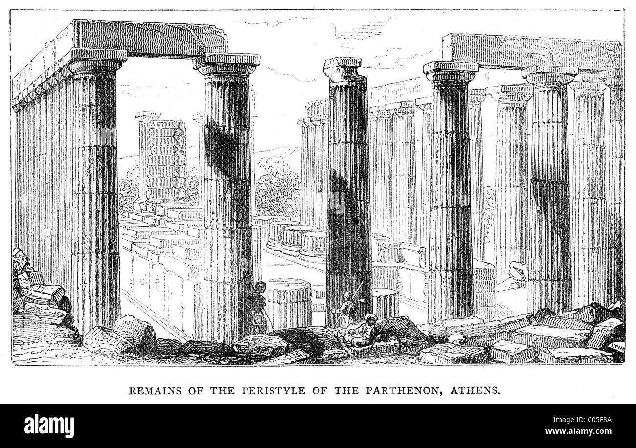 Vintage engraving of the remains of the Peristyle of the Parthenon, Athens, Greece Stock Photo