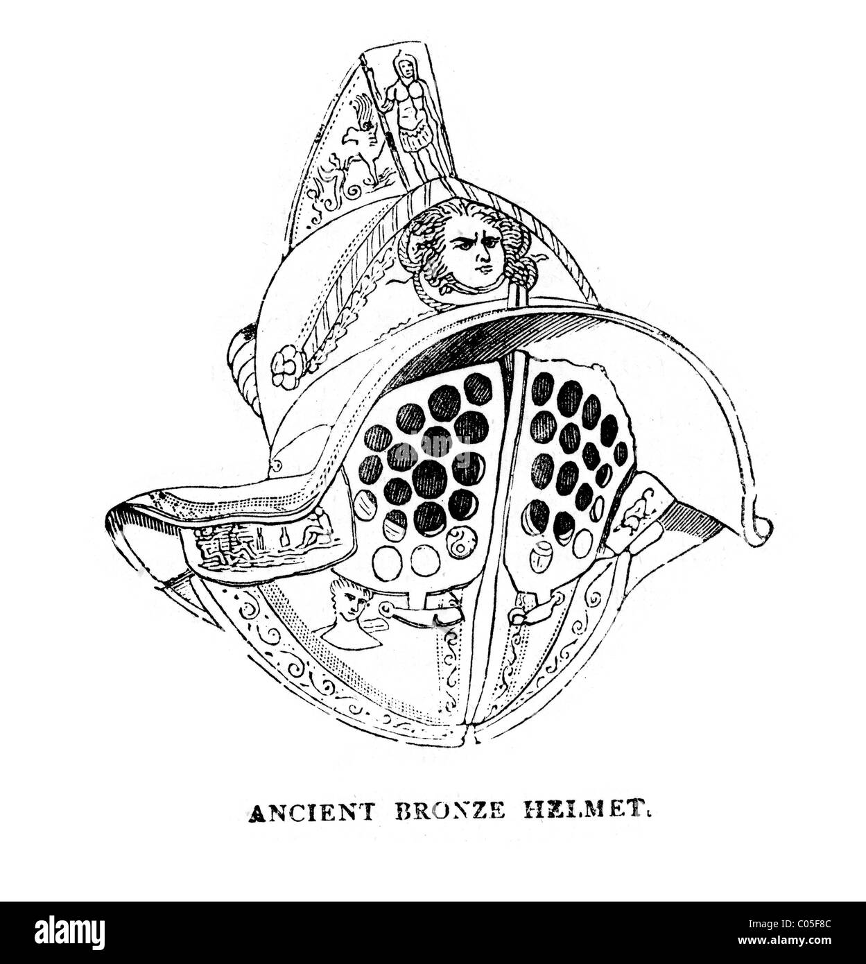 Vintage engraving of an Ancient Bronze Helmet Stock Photo