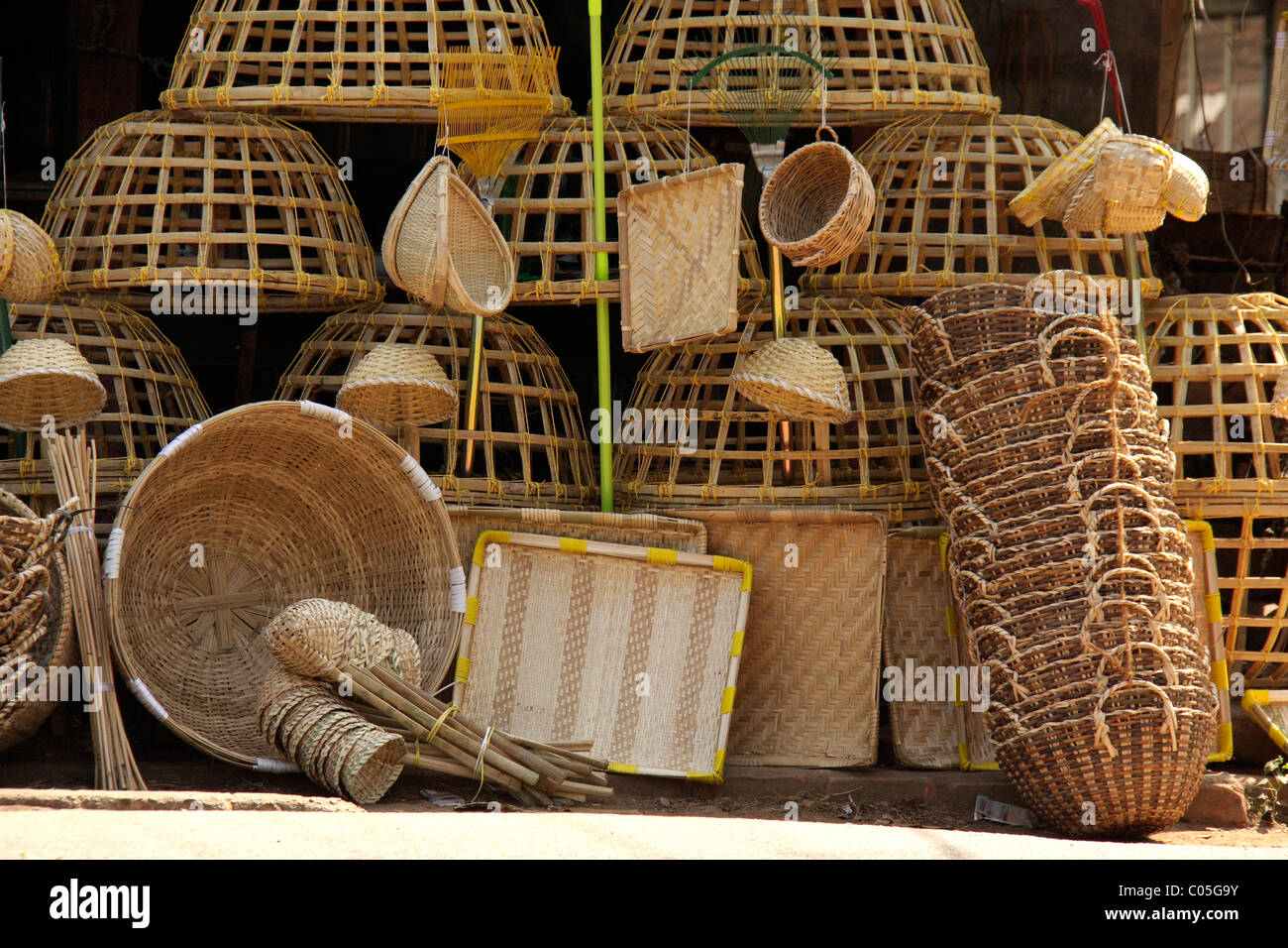 bamboo buckets and babmboo products for sale displayed in a shop in kerala,india,asia Stock Photo