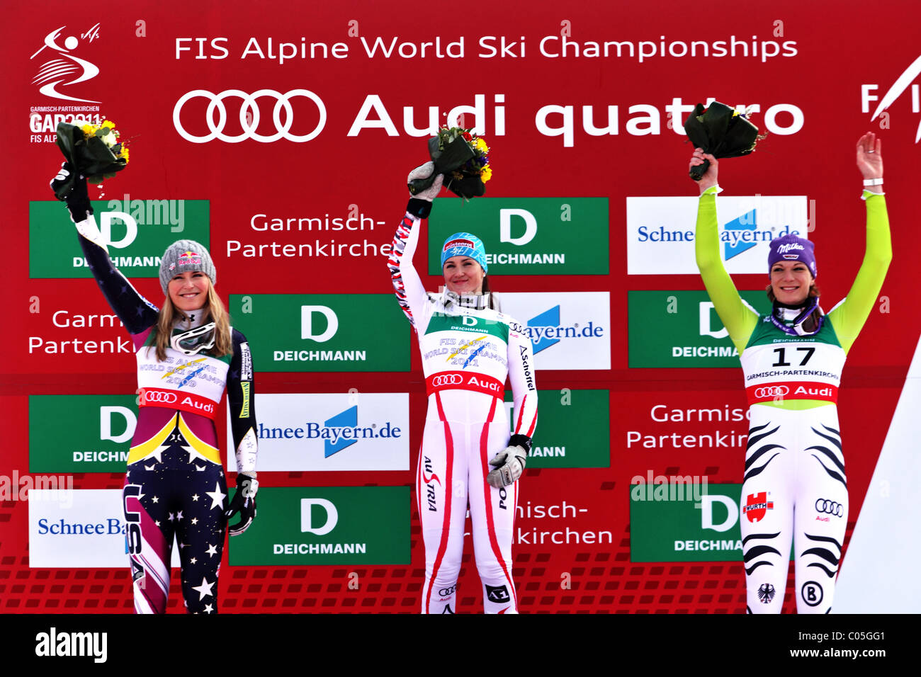 Lindsey Vonn (USA), Elisabeth Görgl (AUT), Maria Riesch (GER) at the FIS Alpine World Ski Championships 2011 Stock Photo