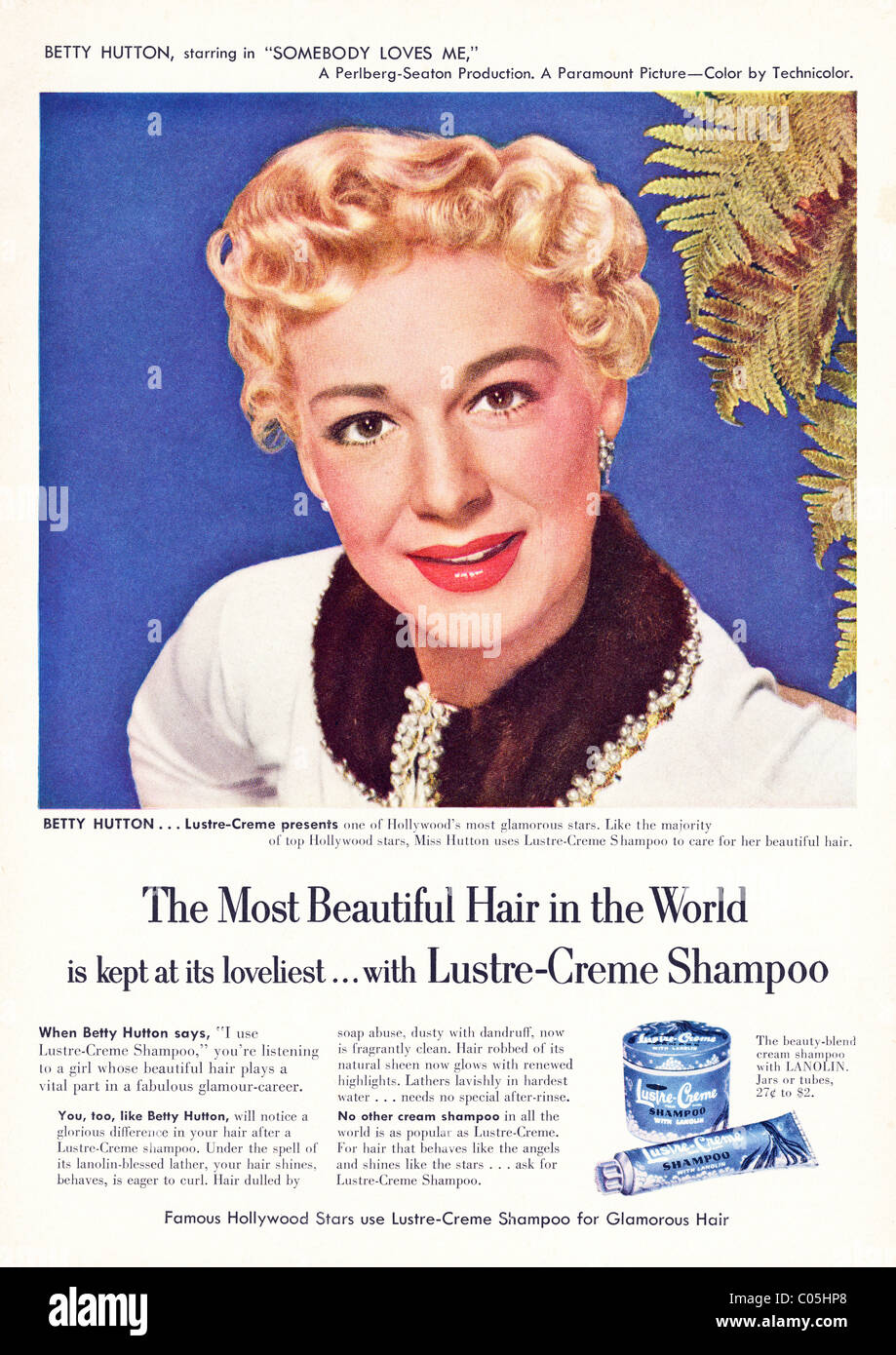 Original 1950s full page advertisement in American consumer magazine for LUSTRE-CREME SHAMPOO with film star BETTY HUTTON Stock Photo