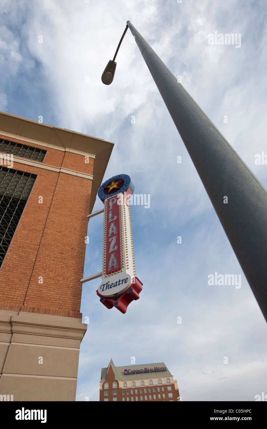 Streetlight frames facade and and marquee sign for recently renovated 1930s-era Plaza Theatre in downtown El Paso Texas USA Stock Photo