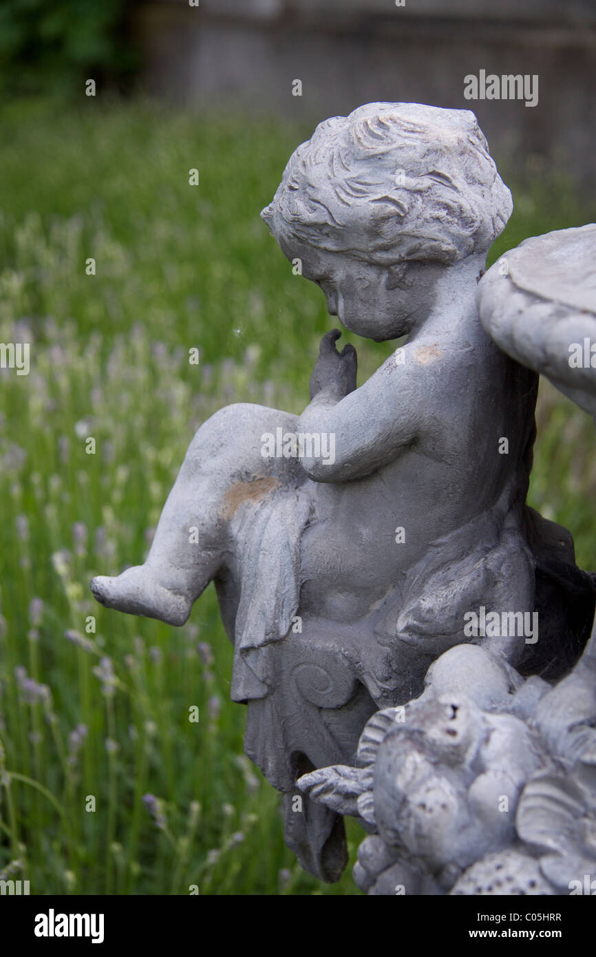 Stone cherub on a stone urn in front of lavender flower beds at