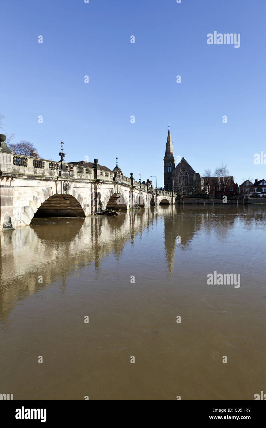 Heavily flooded river Severn, viewed here at English Bridge in