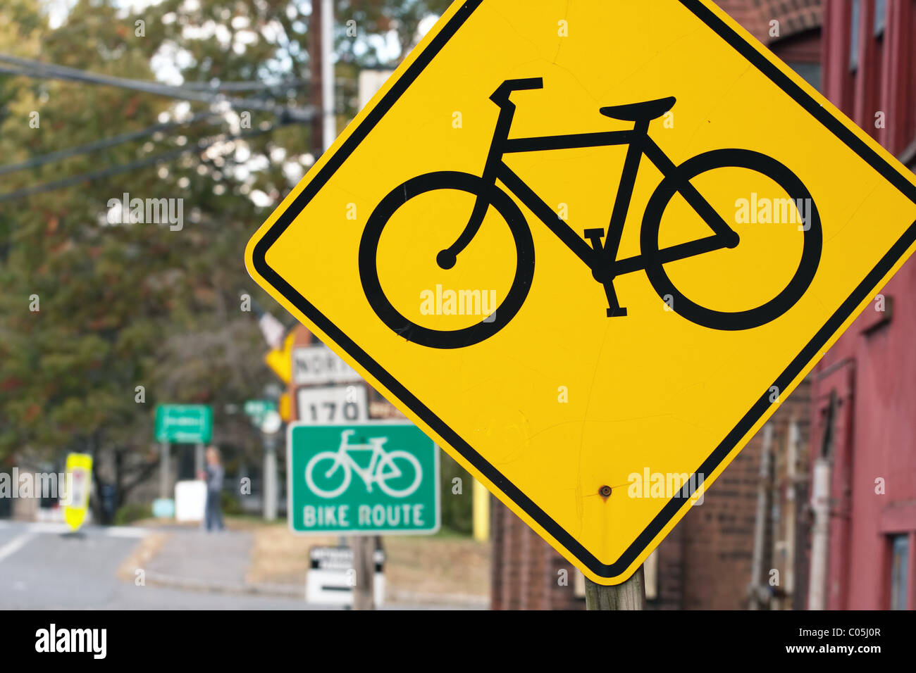 Yellow And Green Bike Route Road Signs Stock Photo Alamy