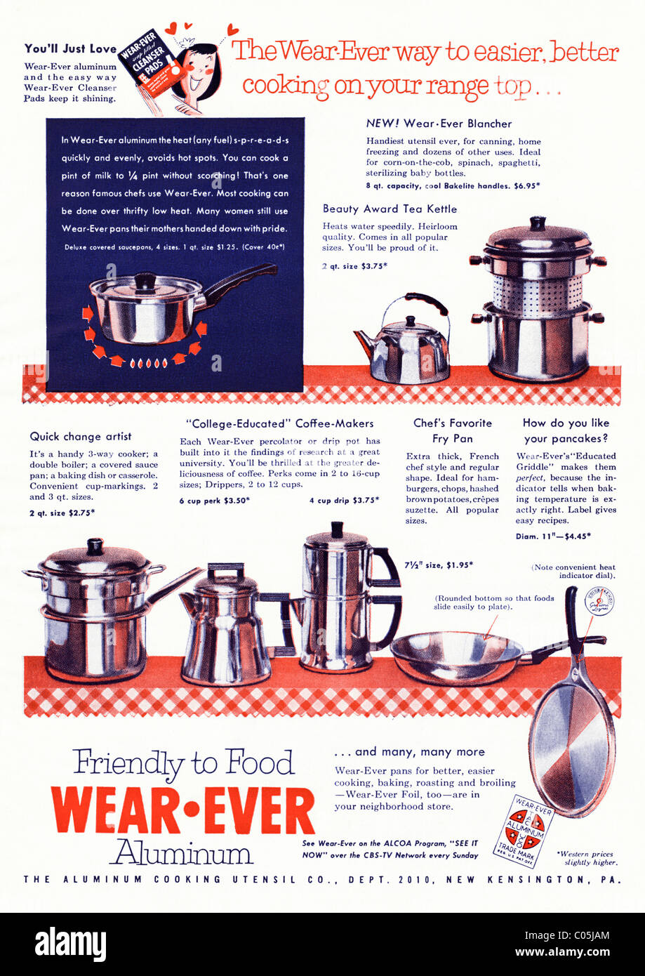 Original 1950s full page advertisement in American consumer magazine for WEAR EVER ALUMINUM cooking utensils Stock Photo