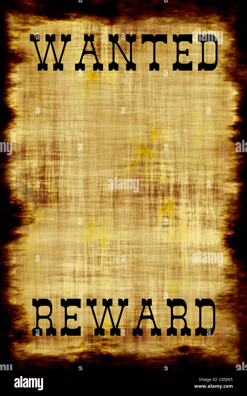 A old wanted poster with copy space and the word REWARD at the bottom. Stock Photo