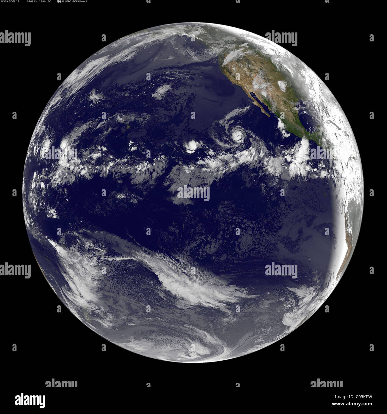 This is a "full-disk" image of the Earth showing the Pacific ocean taken by GOES-11. Stock Photo