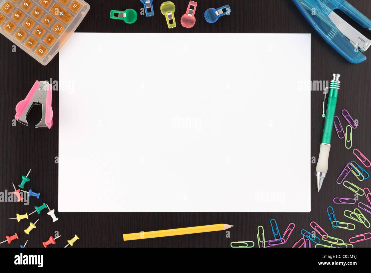 Overview Stationery with Paper and Pen on Desk Stock Photo