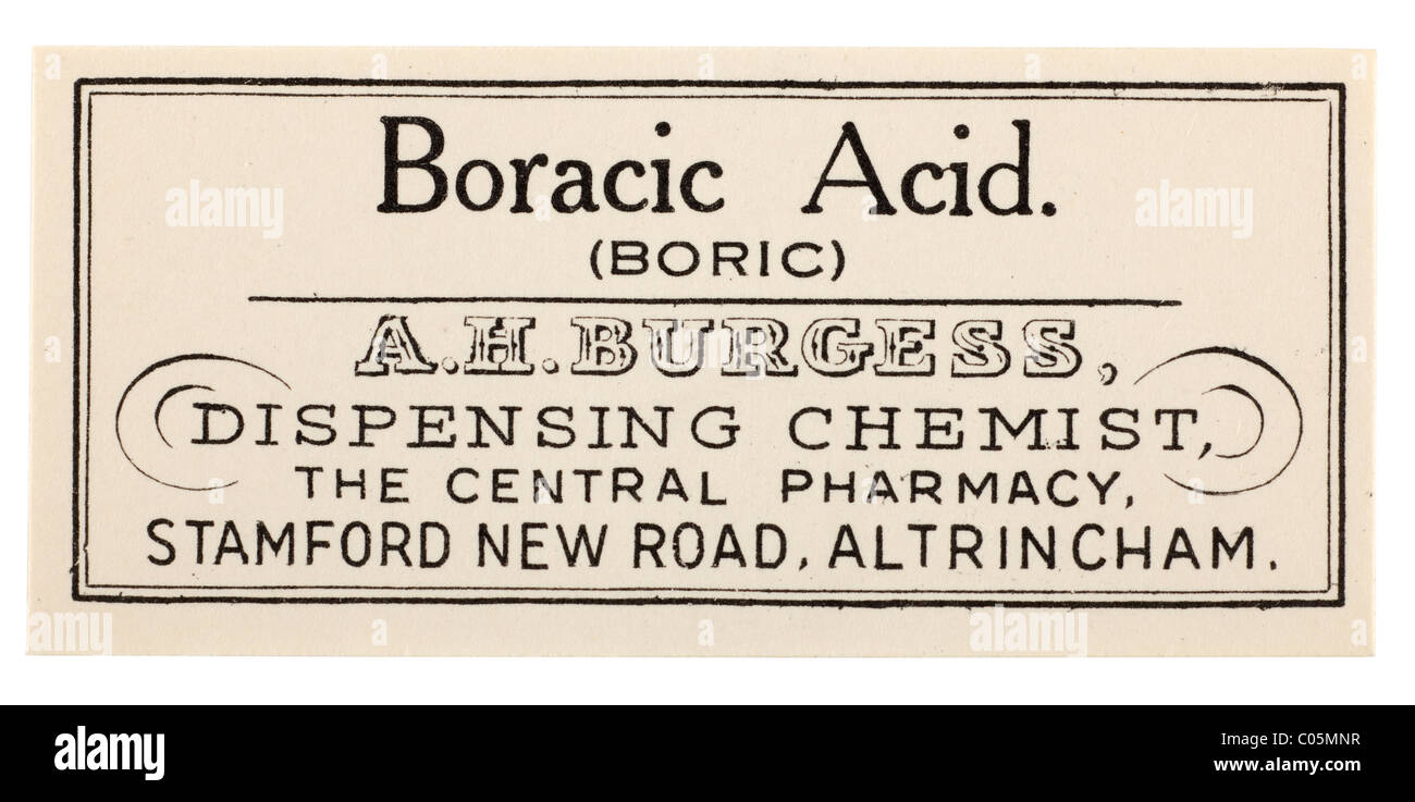 Old vintage chemists label from A H Burgess dispensing chemist in Altrincham for Boric Acid. EDITORIAL ONLY Stock Photo