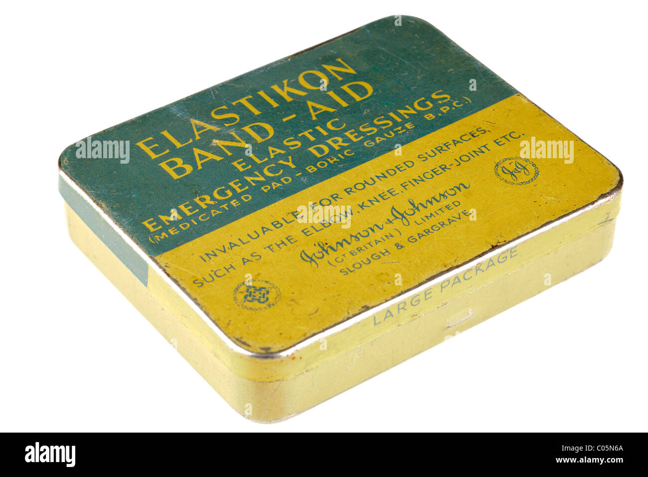 Old vintage Johnson and Johnson Elastikon Band-aid tin. EDITORIAL ONLY Stock Photo