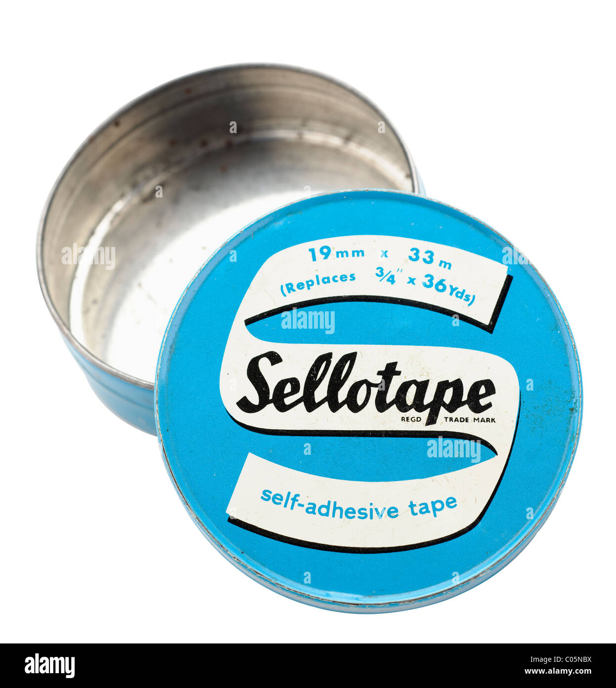 Old vintage blue open empty Sellotape tin. EDITORIAL ONLY Stock Photo