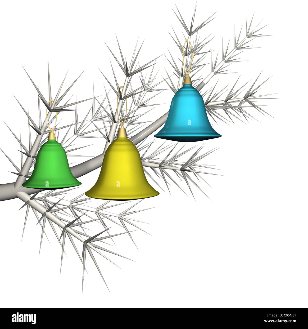 Multicolored fir-tree toys on a fir-tree branch, it is isolated, 3d. Stock Photo