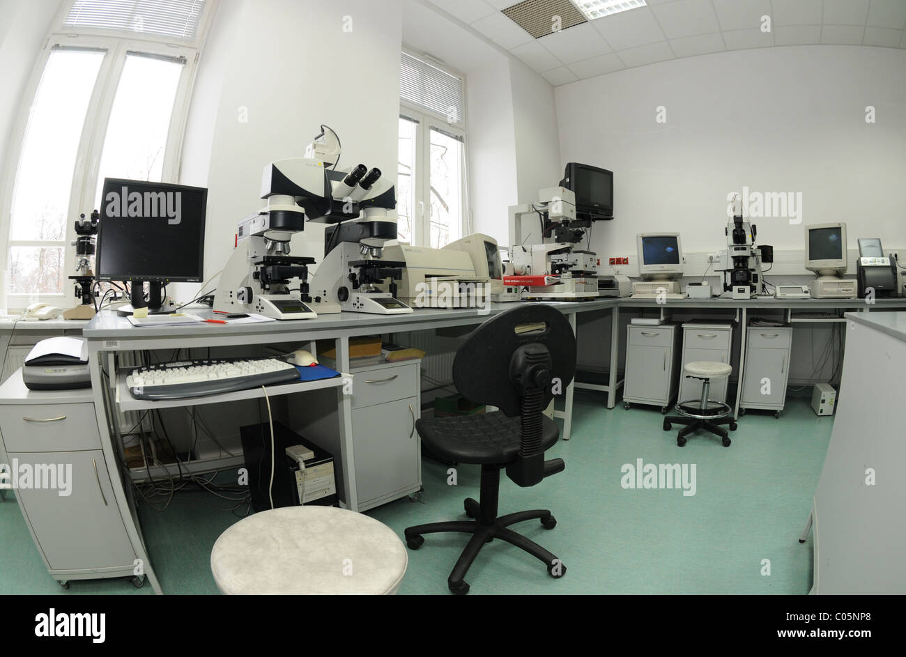 Microscopes and computers in The Central Forensic Laboratory of the Polish Police in Warsaw Stock Photo