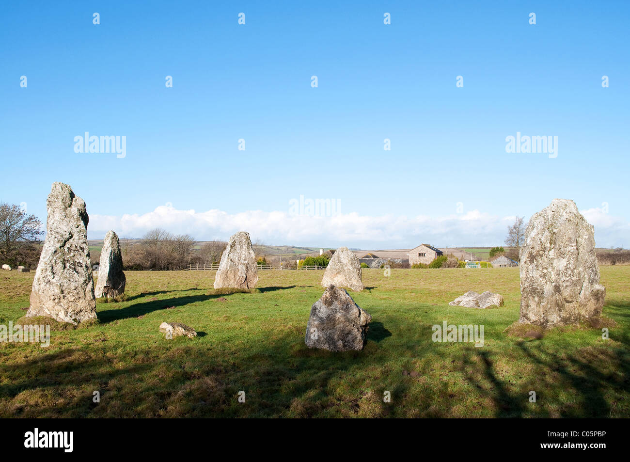 An ancient stone circle in the village of Duloe in Cornwall, UK Stock Photo