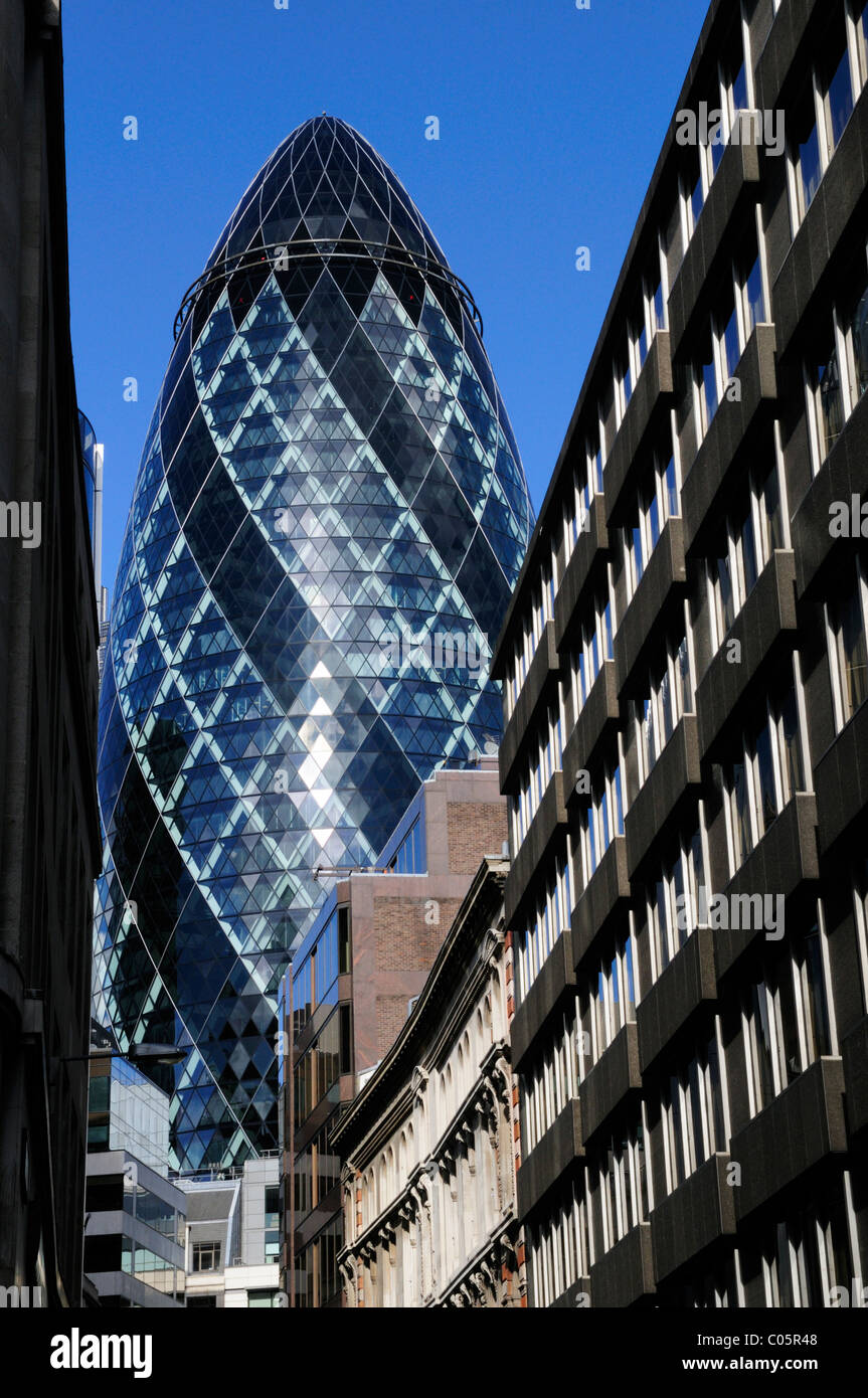 View of 30 St Mary Axe, The Gherkin, from Fenchurch Street, London, England, UK Stock Photo