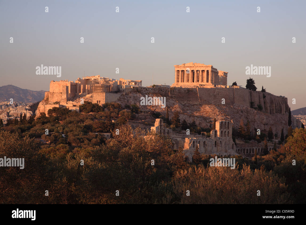 Late afternoon view of the Acropolis and  Parthenon from Filopappos Hill, Athens, Greece, Stock Photo