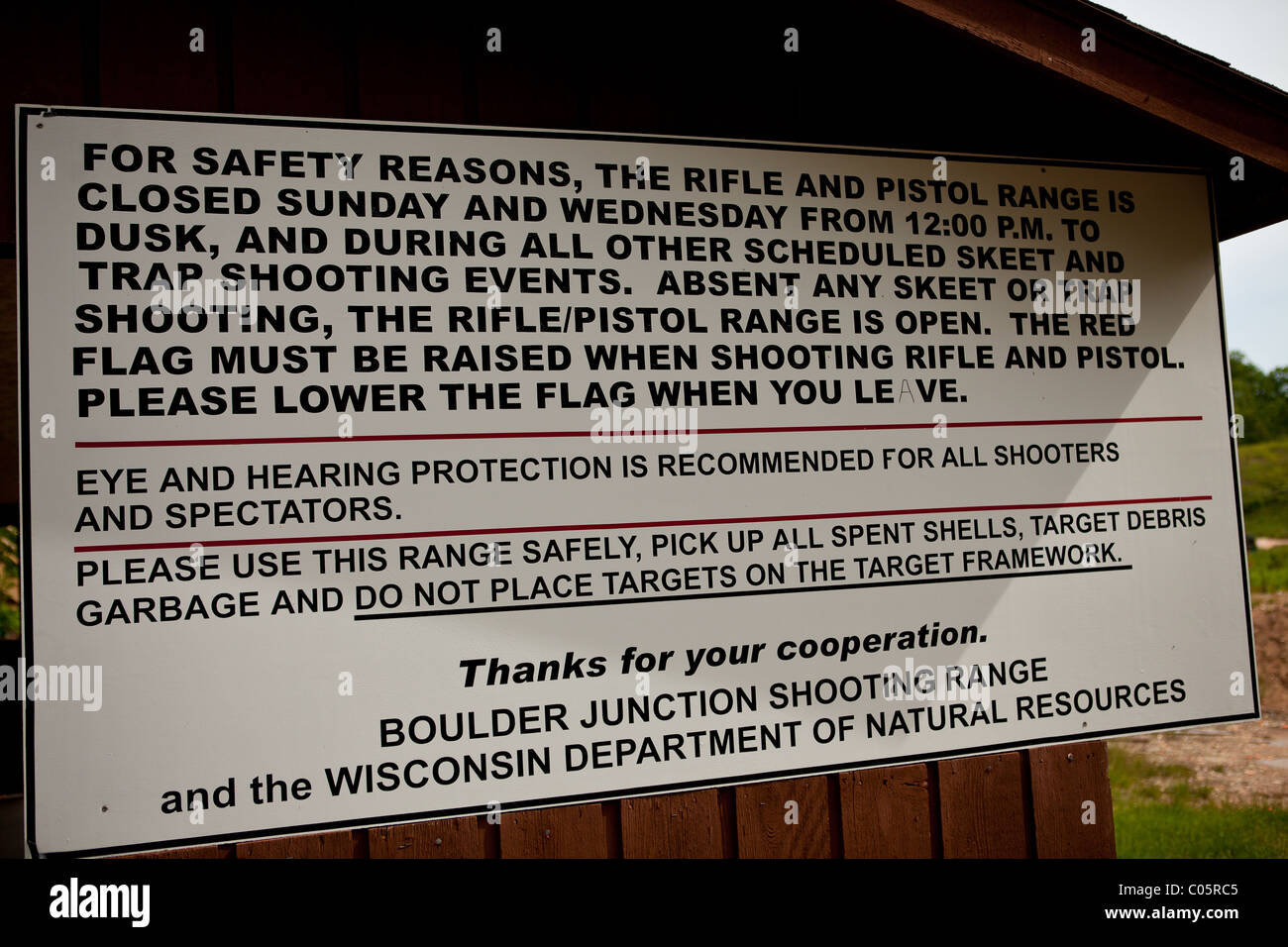 Shooting range safety sign Boulder Junction, Wisconsin. Stock Photo