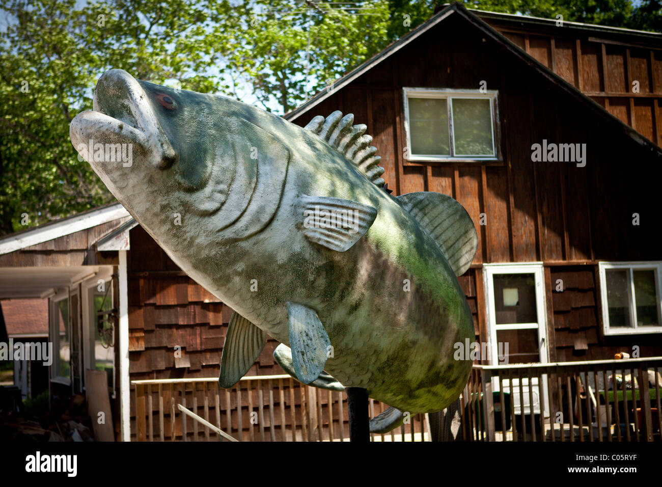 Giant bass statue in the Northwoods town of Manitowish Waters, Wisconsin. Stock Photo