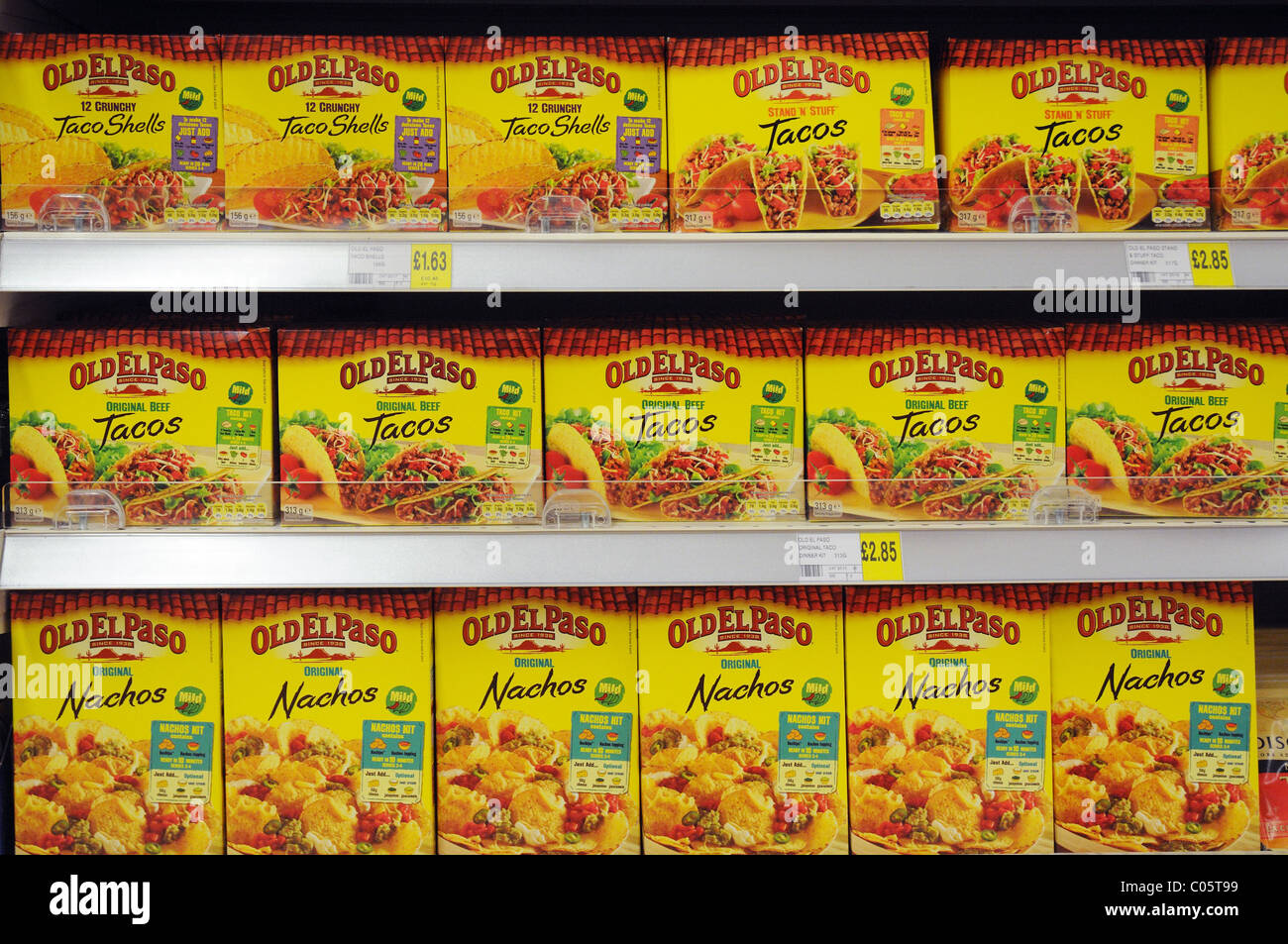 Boxes of Old El Paso Tacos on a shelf in a supermarket in England Stock Photo